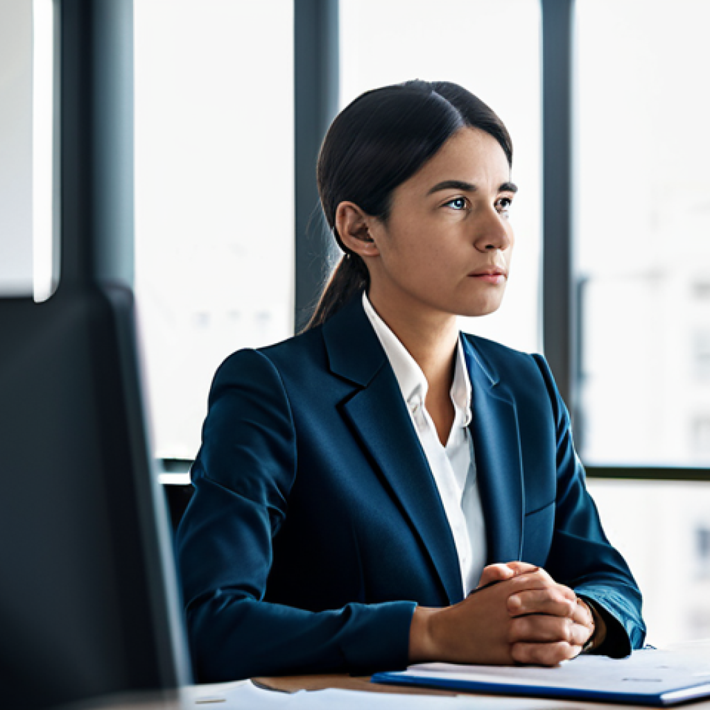 A professional individual, fully clothed in a modest business suit, sitting reflectively at a modern office desk. The person's posture conveys a sense of inner contemplation and the weight of deep thought, with a subtle hint of newfound determination in their expression. The background features a blurred, well-lit office environment, suggesting clarity emerging from a struggle. Soft, natural light. Professional photography, high resolution, perfect anatomy, correct proportions, well-formed hands, proper finger count, natural body proportions, natural pose, safe for work, appropriate content, family-friendly.