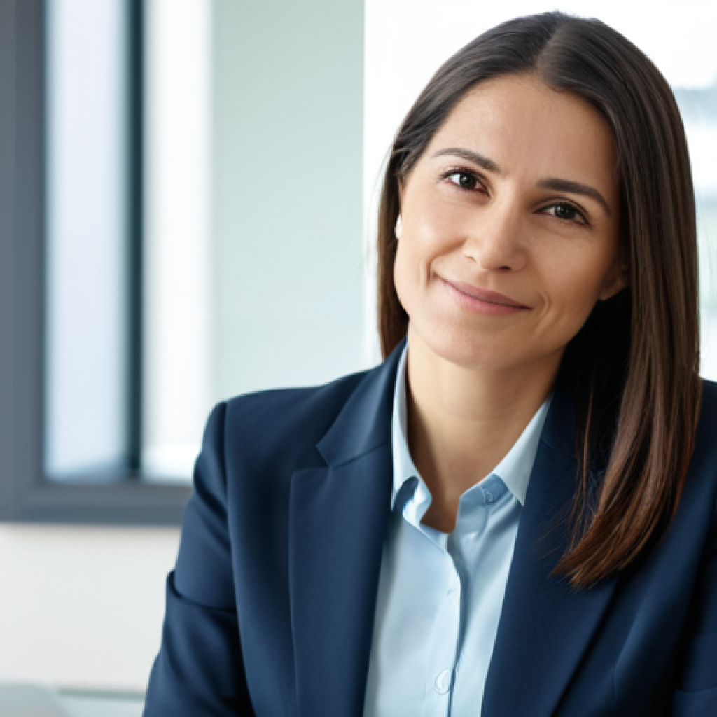 A professional female psychiatrist in a modest business suit, sitting calmly at a modern, clean desk in a well-lit consulting room. She is looking directly towards the viewer with an empathetic and confident expression, conveying a sense of trust and support. The background is blurred subtly, featuring muted, calming colors and professional office decor. perfect anatomy, correct proportions, natural pose, well-formed hands, proper finger count, natural body proportions, high-quality professional photography, safe for work, appropriate content, fully clothed, professional dress, modest.