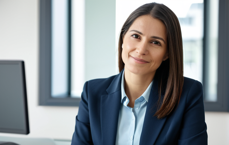 A professional female psychiatrist in a modest business suit, sitting calmly at a modern, clean desk in a well-lit consulting room. She is looking directly towards the viewer with an empathetic and confident expression, conveying a sense of trust and support. The background is blurred subtly, featuring muted, calming colors and professional office decor. perfect anatomy, correct proportions, natural pose, well-formed hands, proper finger count, natural body proportions, high-quality professional photography, safe for work, appropriate content, fully clothed, professional dress, modest.