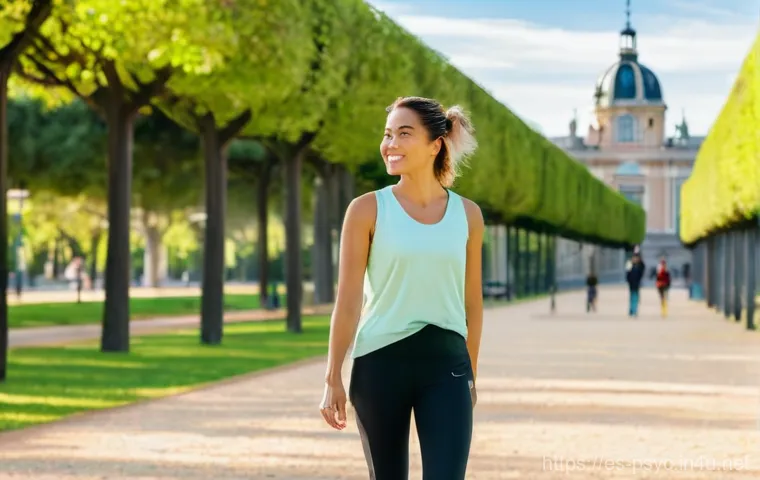 우울증 완화 생활 습관 - **Conscious Movement in a Spanish Park**
    A serene image of a woman in her late 20s, with a gentl...